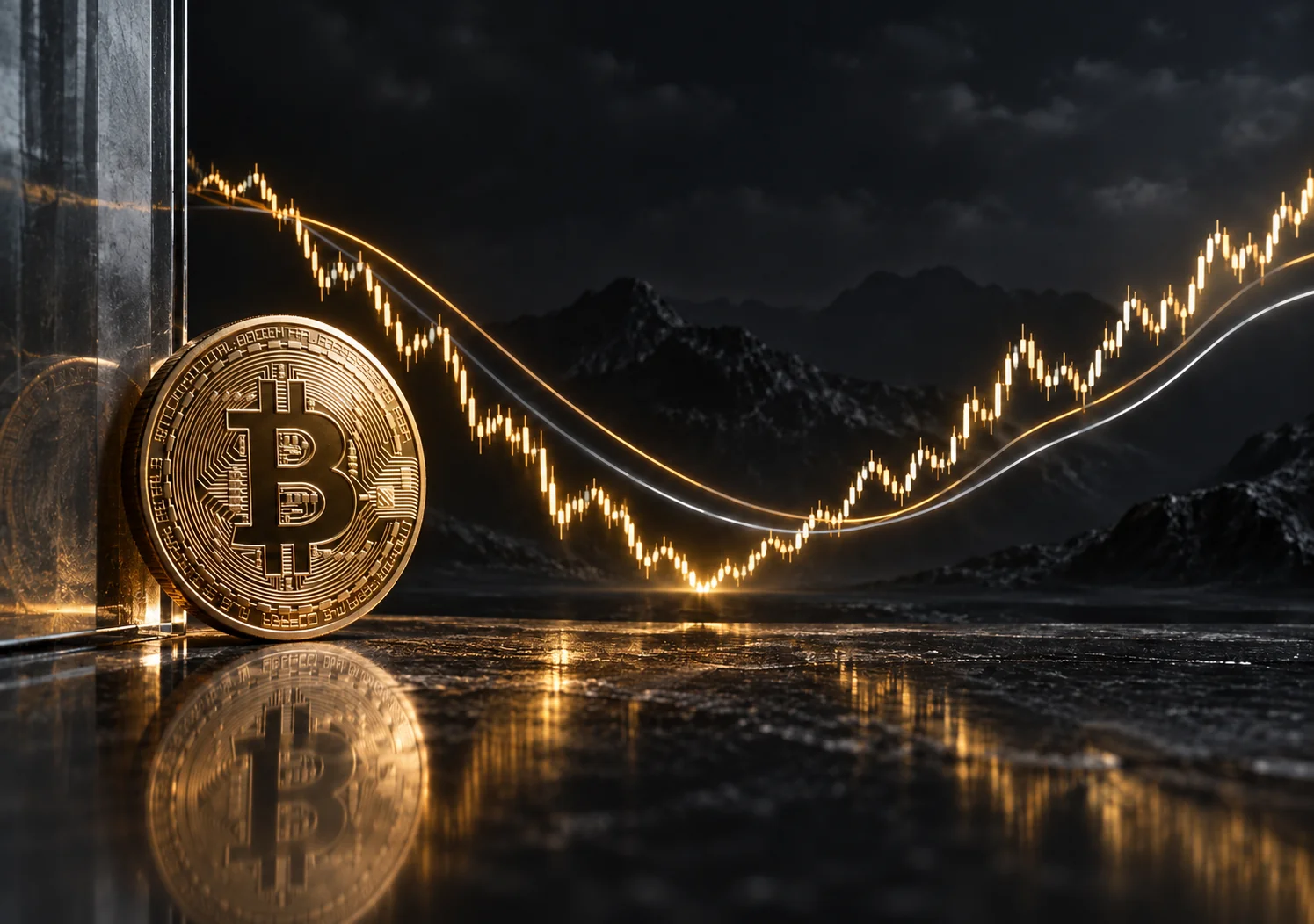 Концептуална илюстрация на биткойн, корекция и пълзящи средни / Conceptual illustration of Bitcoin, a correction and moving averages
