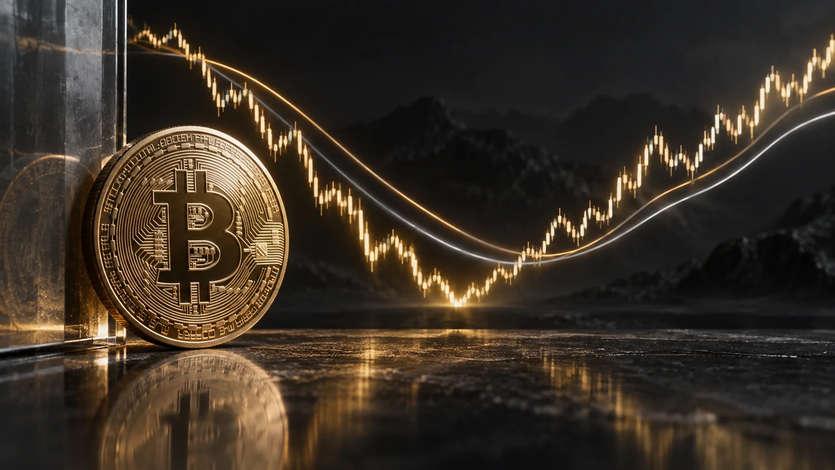 Концептуална илюстрация на биткойн, корекция и пълзящи средни / Conceptual illustration of Bitcoin, a correction and moving averages